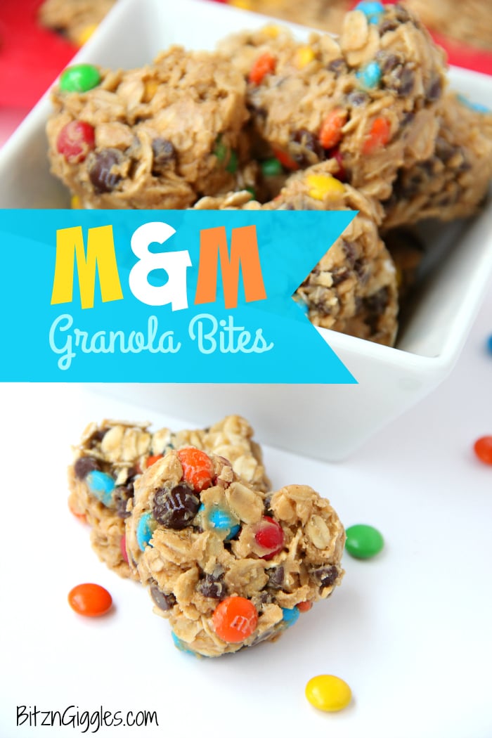 M&M Granola Bites - These granola bites are a family favorite, made with peanut butter, honey, M&Ms and chocolate chips! I used a silicone pan with heart-shaped molds to make a creative Valentine's Day dessert. Use any kind of mold you like!