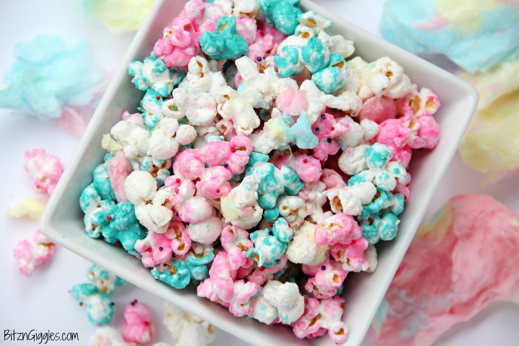 Cotton Candy Popcorn - Candy coated popcorn recipe with sprinkles and real cotton candy pieces!