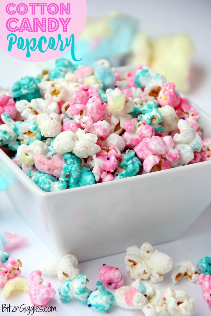 Cotton Candy Popcorn - Candy coated popcorn recipe with sprinkles and real cotton candy pieces!