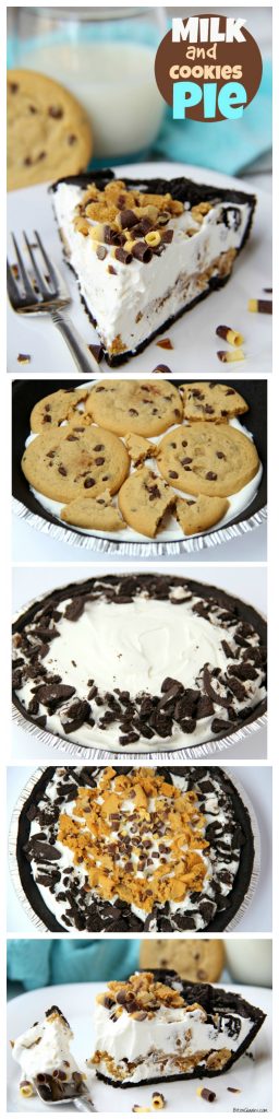 Milk and Cookies Pie - A five-ingredient no-bake pie loaded with chewy chocolate chip cookies, cream and Oreos! Comes together in minutes!