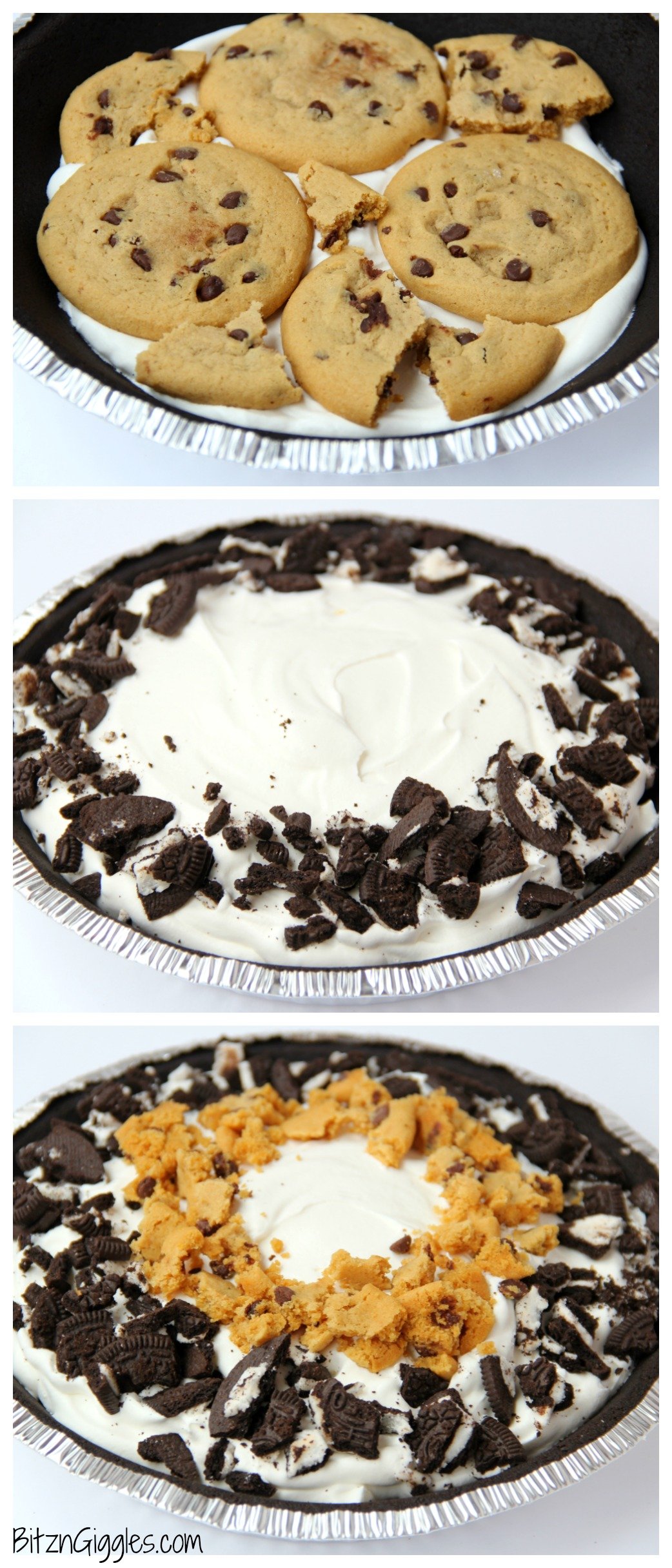 Milk and Cookies Pie - A five-ingredient no-bake pie loaded with chewy chocolate chip cookies, cream and Oreos! Comes together in minutes!