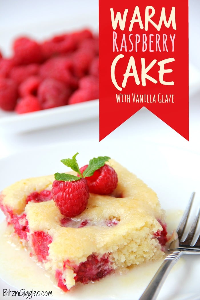 warm raspberry cake with vanilla glaze 