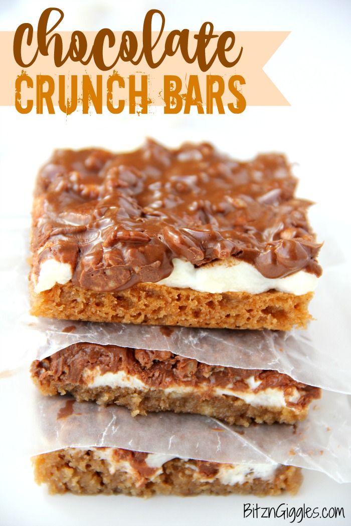 Chocolate Crunch Bars - These bars have a cake-like crust with a gooey marshmallow center and chocolate peanut butter krispie frosting! 