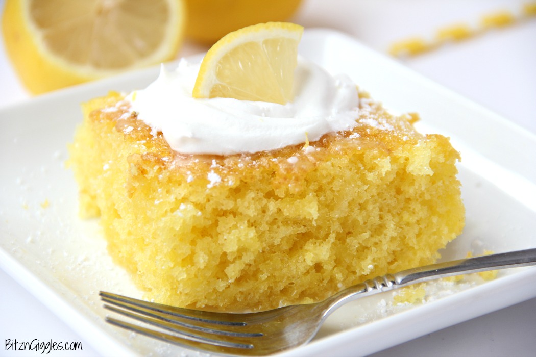 Lemon Jello Cake - Easy, delicious and moist, this lemon jello cake is so refreshing with a dollop of whipped cream on top!