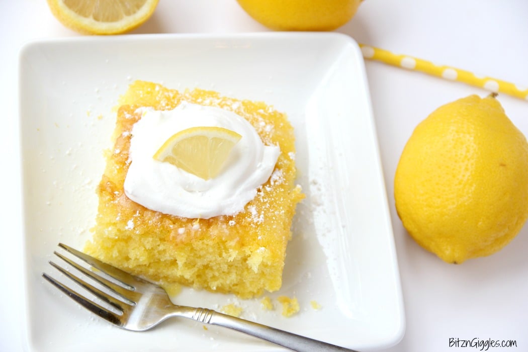 Lemon Jello Cake - Easy, delicious and moist, this lemon jello cake is so refreshing with a dollop of whipped cream on top! 