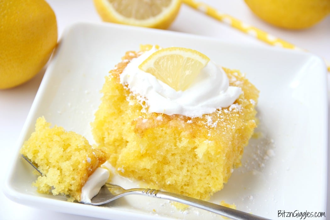 Lemon Jello Cake - Easy, delicious and moist, this lemon jello cake is so refreshing with a dollop of whipped cream on top!