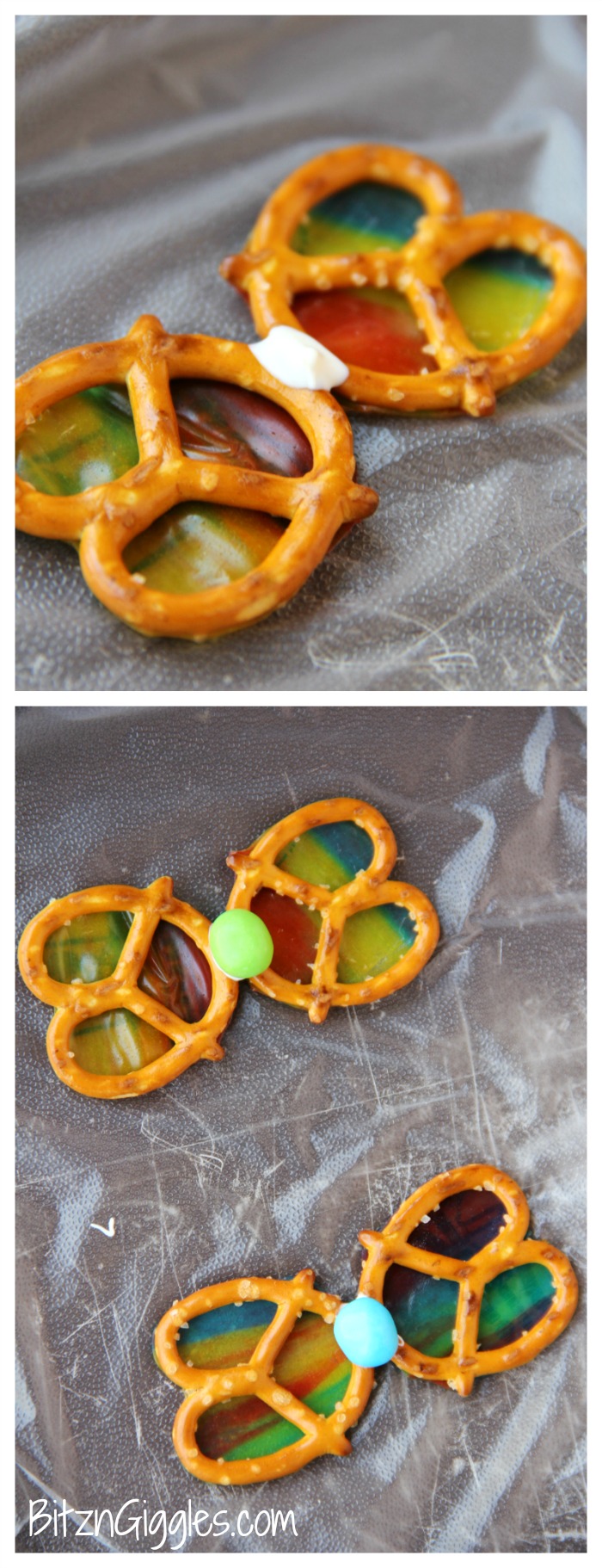 Pretzel Butterflies - 4-Ingredient beautiful butterflies to snack on! Rollups act as the colorful wings and give a gorgeous stained glass effect. So pretty when held up to the sun!