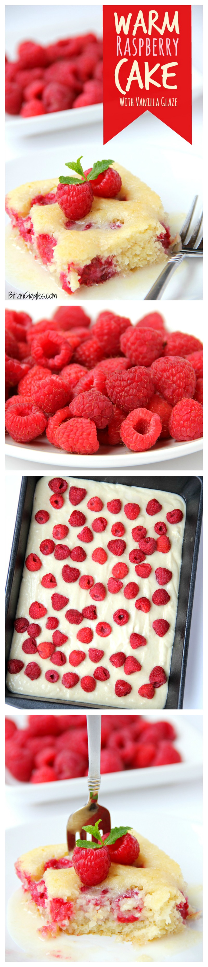 Warm Raspberry Cake with Vanilla Glaze - just like your mom used to make! A delicious cake with fresh raspberries baked in and topped with a sweet vanilla glaze!