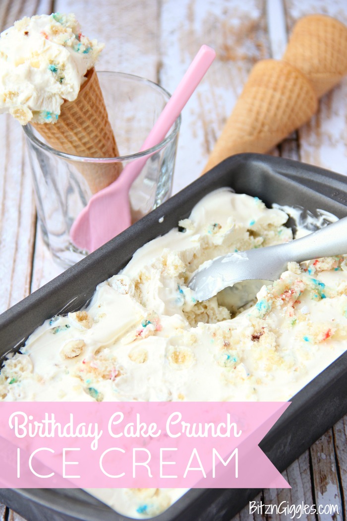 A delicious and fun no-churn ice cream with homemade vanilla magic shell and bits of vanilla sprinkle cake swirled throughout, then topped with birthday cake flavored candy!