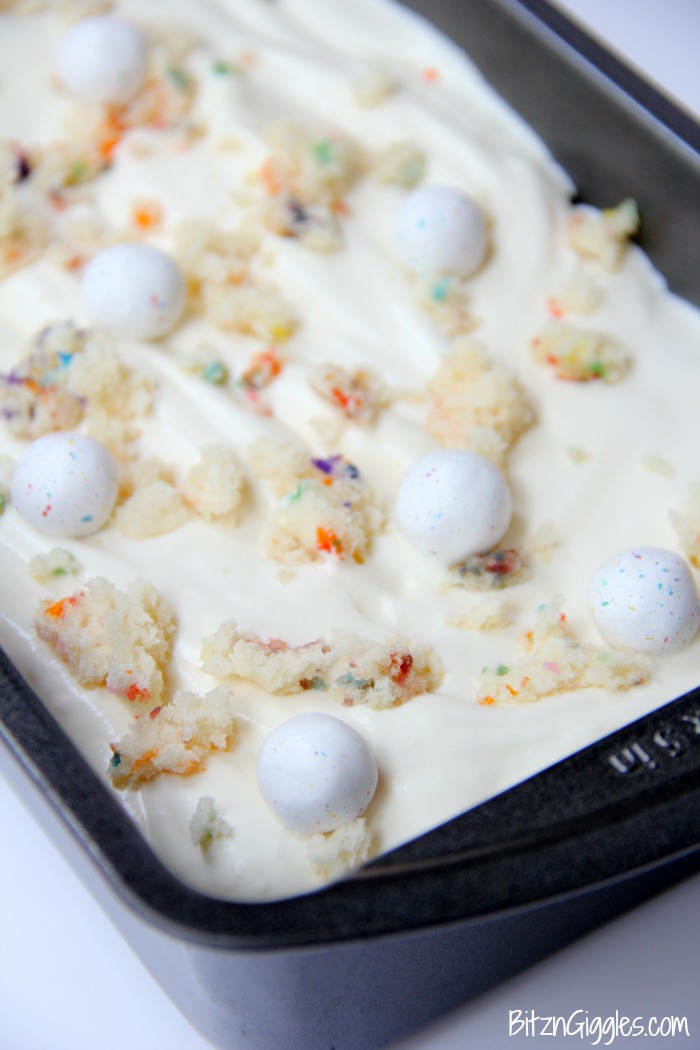 Birthday Cake Crunch Ice Cream - A delicious and fun no-churn ice cream with homemade vanilla magic shell and bits of vanilla sprinkle cake swirled throughout, then topped with birthday cake flavored candy!