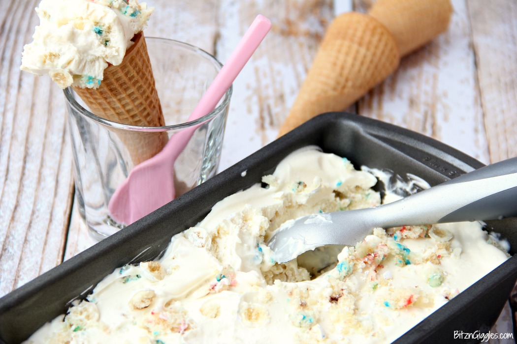 Birthday Cake Crunch Ice Cream - A delicious and fun no-churn ice cream with homemade vanilla magic shell and bits of vanilla sprinkle cake swirled throughout, then topped with birthday cake flavored candy!
