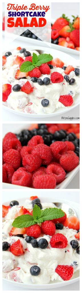 Triple Berry Shortcake Salad - Such an easy and delicious summer salad loaded with berries and hints of shortcake. Perfect for Memorial Day and 4th of July!!