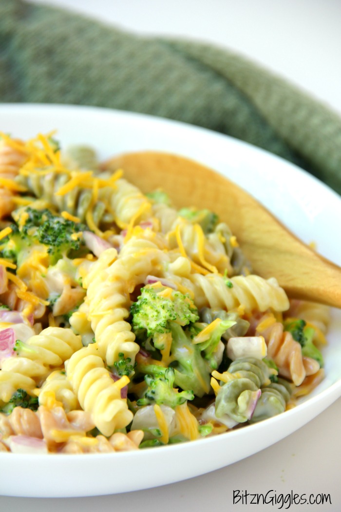 Cheddar Broccoli Pasta Salad - Broccoli, red onion, shredded cheese and rotini pasta tossed in a sweet, creamy dressing! Everyone always asks for seconds!