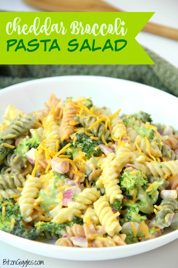 Broccoli Cheddar Pasta Salad - Broccoli, red onion, shredded cheese and rotini pasta tossed in a sweet, creamy dressing! Everyone always asks for seconds!