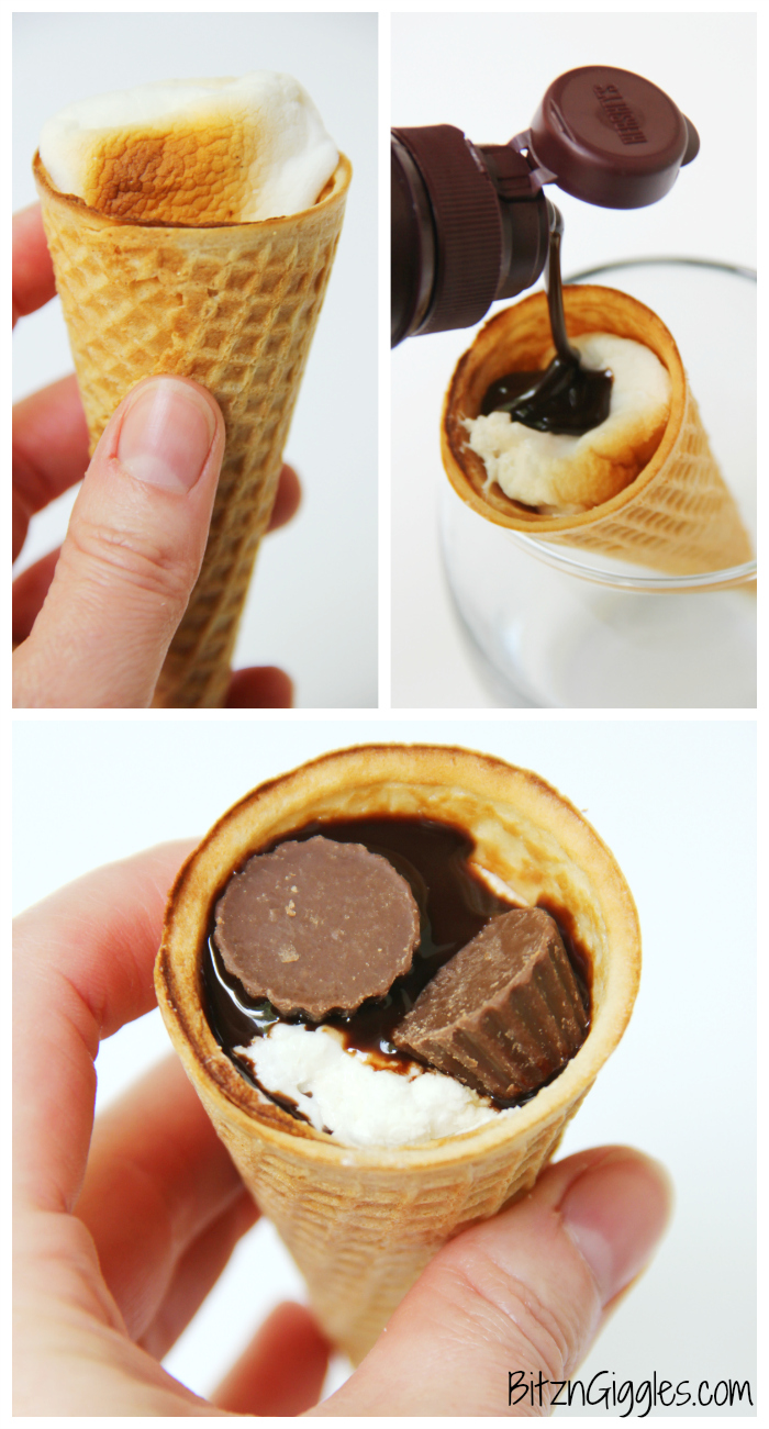 These campfire cones don't need to be wrapped in foil, and toasting over a fire isn't necessary! Add toasted marshmallows, chocolate and hot fudge for a decadent campfire treat any time of the year!