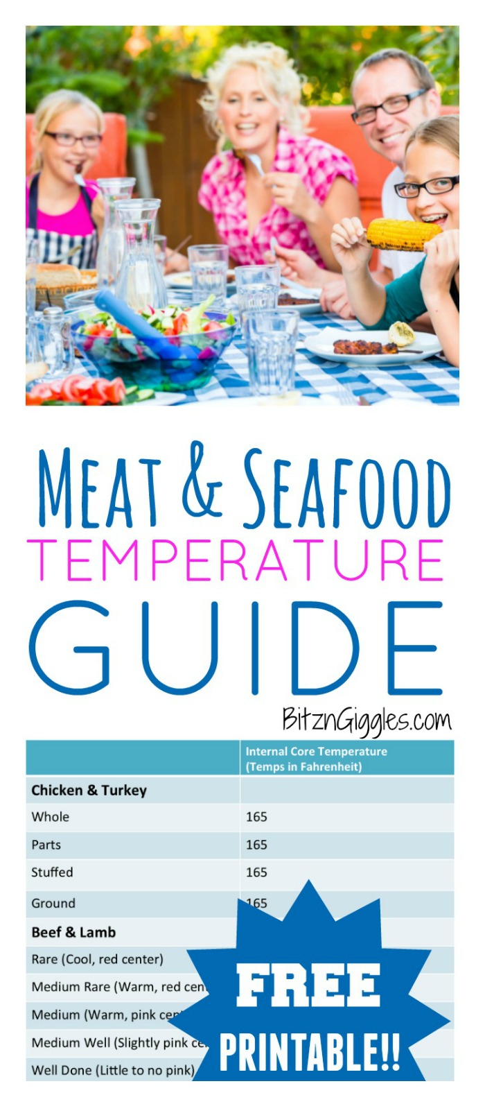 Meat and Seafood Temperature Guide - What a lifesaver this FREE printable is when cooking in the kitchen or grilling out on the patio! This is such a great chart to have on hand to reference!