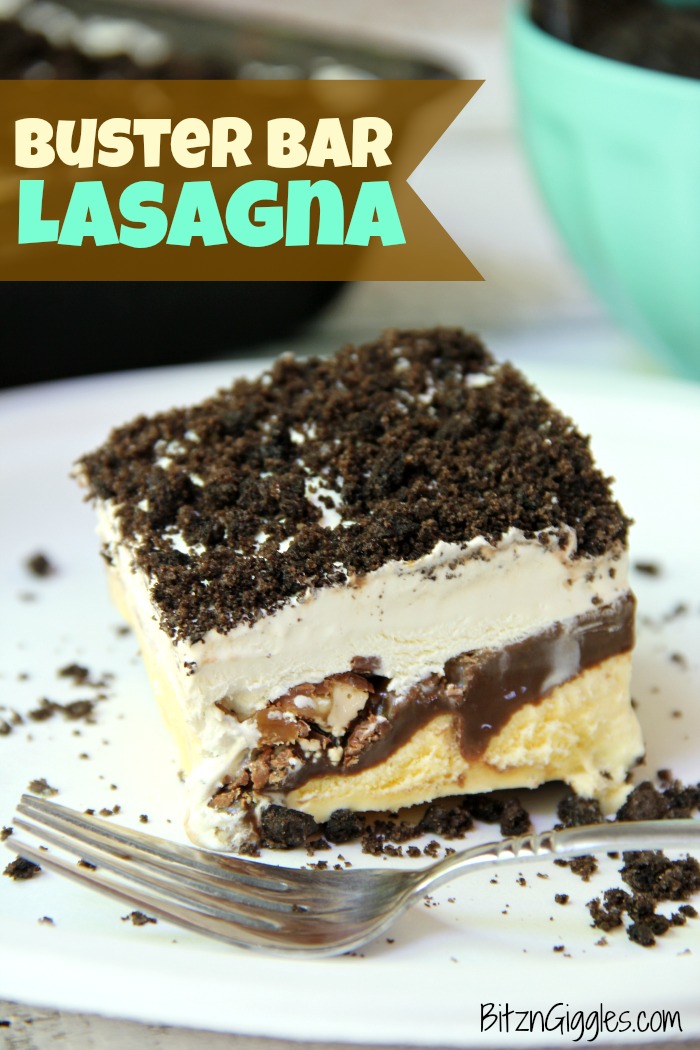 Buster Bar Lasagna - Decadent layers of Oreo cookies, ice cream, hot fudge, Snickers bars and whipped topping make up this delicious 5-layer dessert!