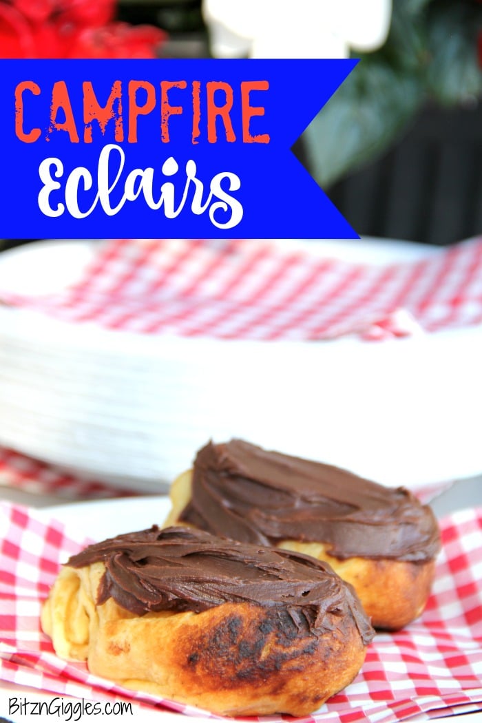 Easy Campfire Eclairs - Crescent roll dough wrapped around roasting forks, browned over the campfire, then filled with pudding and topped with chocolate frosting! Such a great camping treat!