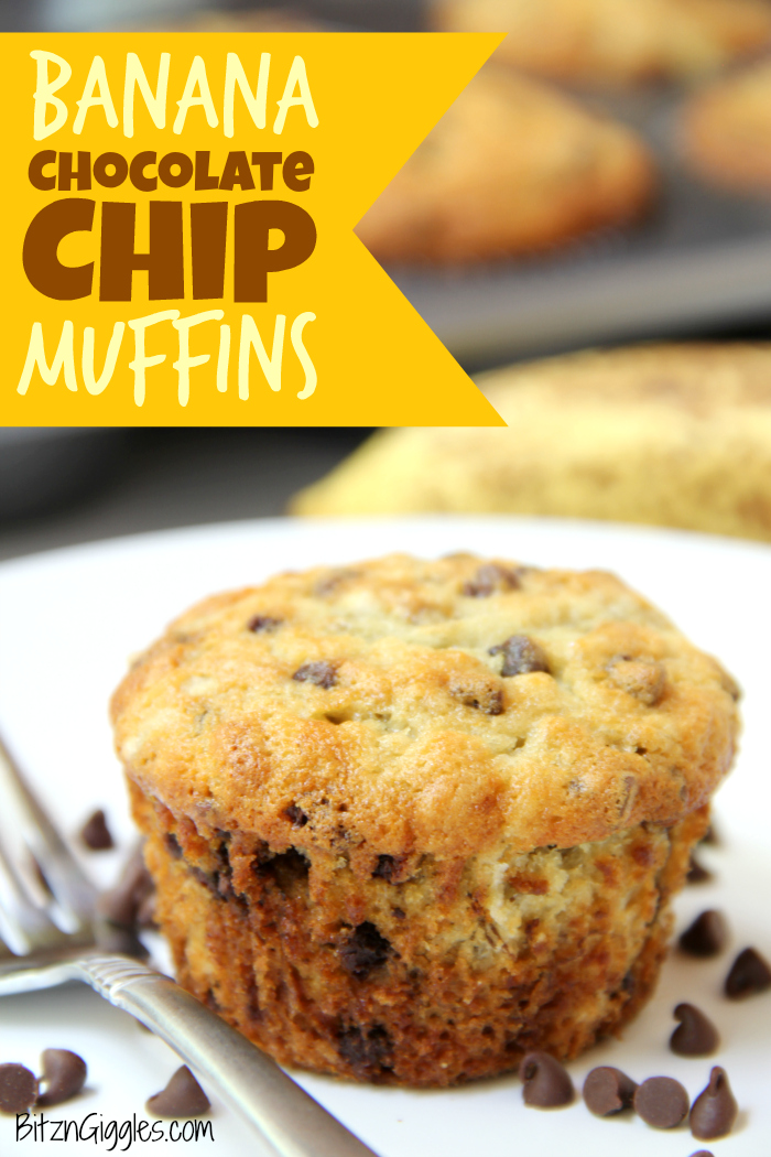 Banana Chocolate Chip Muffins - Quick and easy banana muffins with mini chocolate chips sprinkled throughout!