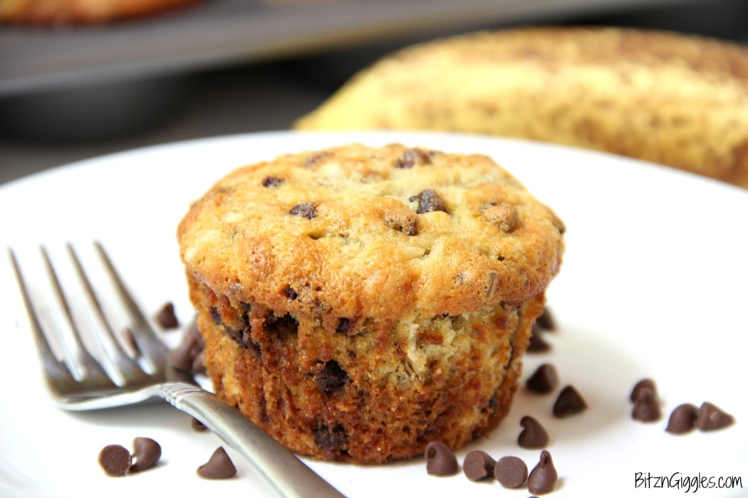 Banana Chocolate Chip Muffins - Quick and easy banana muffins with mini chocolate chips sprinkled throughout!