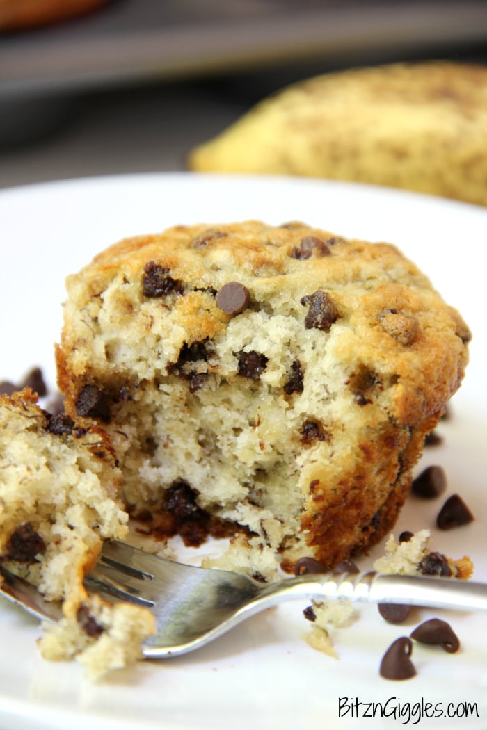 Banana Chocolate Chip Muffins - Quick and easy banana muffins with mini chocolate chips sprinkled throughout!