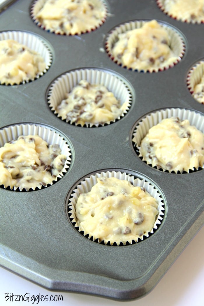 Banana Chocolate Chip Muffins - Quick and easy banana muffins with mini chocolate chips sprinkled throughout!