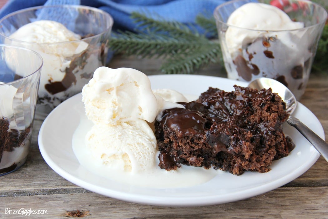 Crock Pot Chocolate Lava Cake - Warm, gooey chocolate cake made right in your crock pot with a thick fudge sauce to spoon over top!