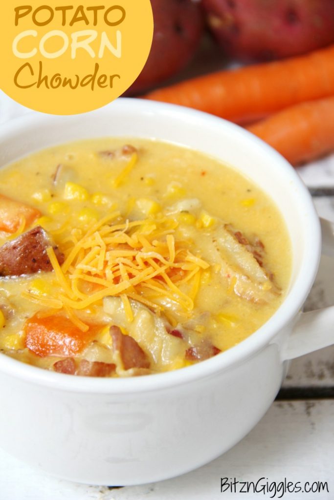 Potato Corn Chowder - Just like Grandma used to make! This flavorful combination of potatoes, corn, carrots and bacon in a creamy, cheesy broth is perfect for the whole family!