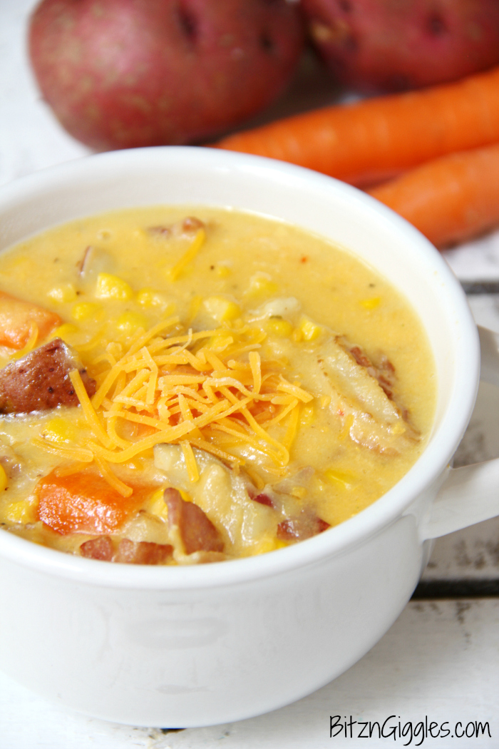 Potato Corn Chowder - Just like Grandma used to make! This flavorful combination of potatoes, corn, carrots and bacon in a creamy, cheesy broth is perfect for the whole family!