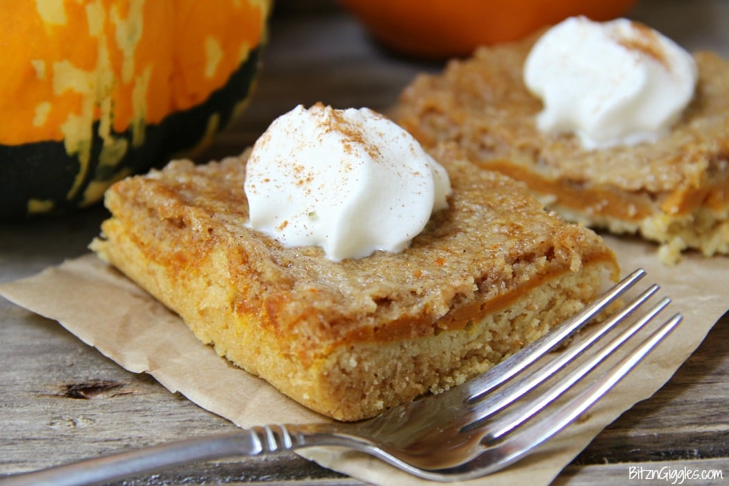 Pumpkin Pie Cake Bars - Three-layer pumpkin bars that come together with a cake mix! Cake batter crust, creamy pumpkin center and a cinnamon sugar crumble topping!