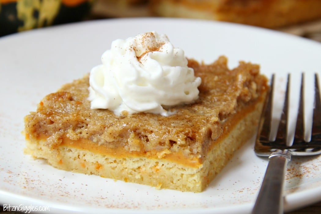 Pumpkin Pie Cake Bars - Three-layer pumpkin bars that come together with a cake mix! Cake batter crust, creamy pumpkin center and a cinnamon sugar crumble topping!