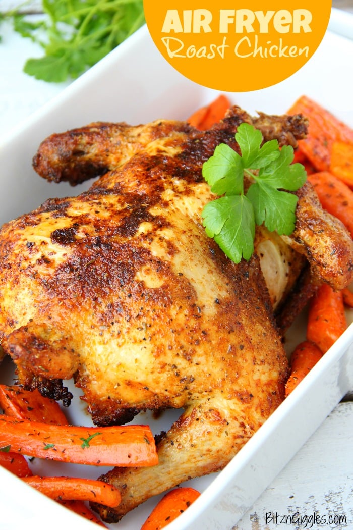 Air Fryer Roast Chicken - Deliciously moist chicken that's flavorful and crispy on the outside! So easy to make in your air fryer in no time at all! #airfryer #chicken #roastchicken #airfryerrecipe #recipe