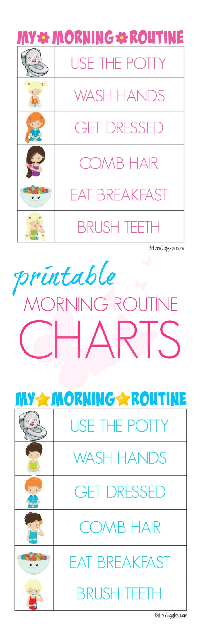Printable Morning Routine Charts - Free printable kids morning routine charts to help teach kids independence and provide guidance for their morning routine! Charts for boys and girls!