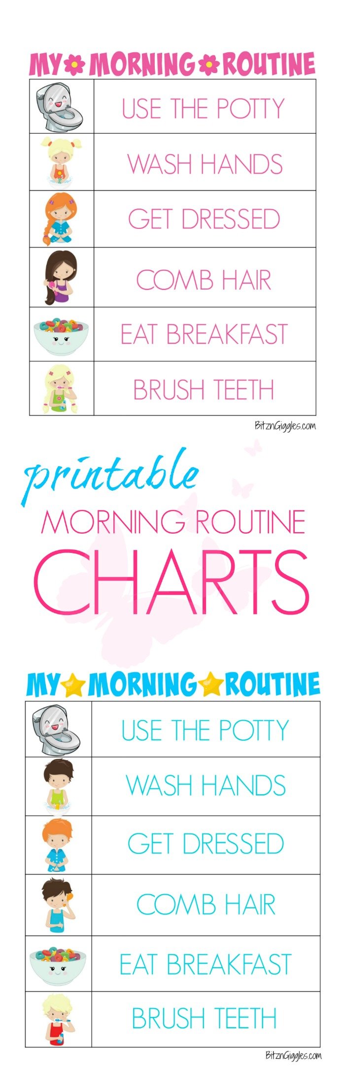 Printable Morning Routine Charts - Free printable kids morning routine charts to help teach kids independence and provide guidance for their morning routine! Charts for boys and girls!