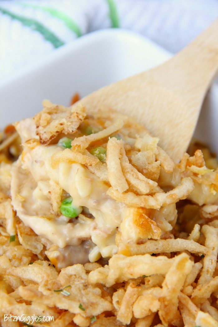 Tuna Noodle Casserole - Pasta and tuna in a creamy sauce topped with cheese and french fried onions! The perfect casserole for busy weeknights!