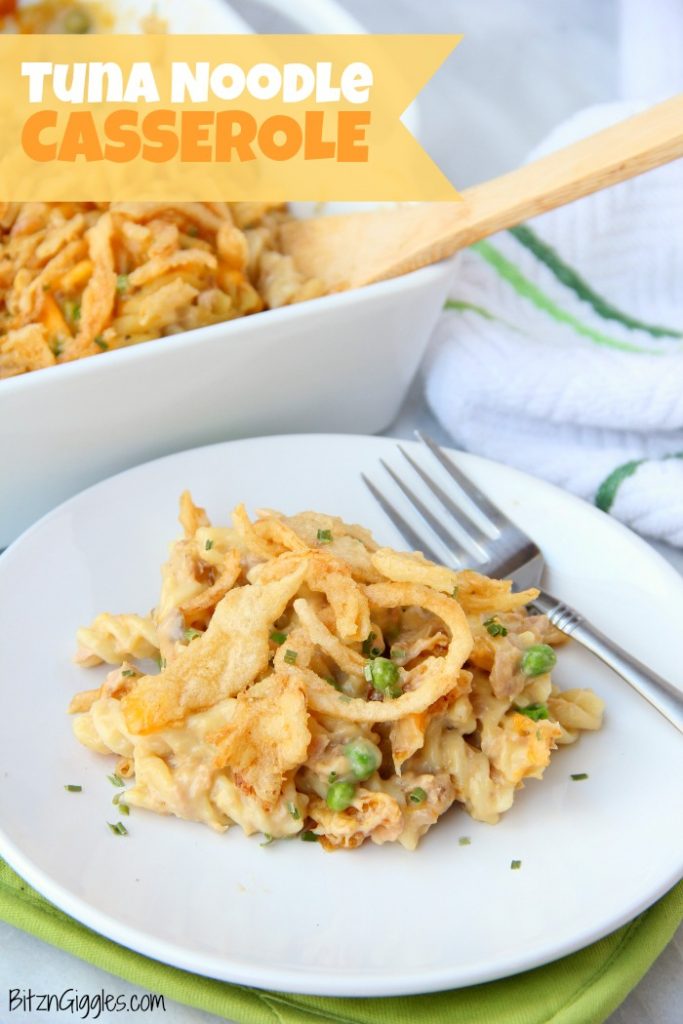 Tuna Noodle Casserole - Pasta and tuna in a creamy sauce topped with cheese and french fried onions! The perfect casserole for busy weeknights!