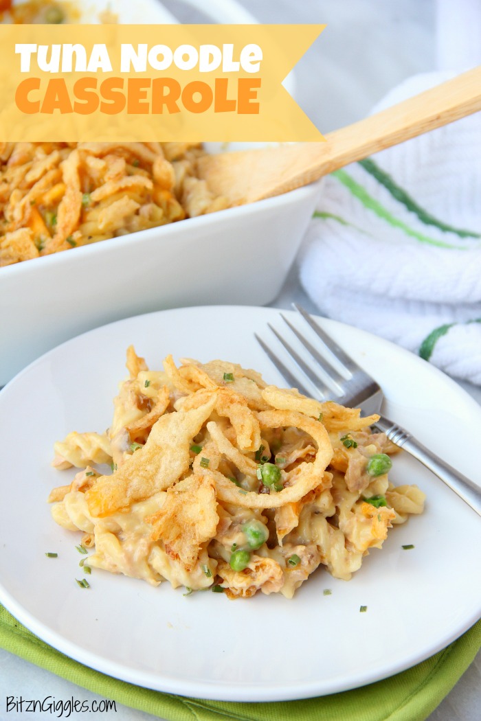 Tuna Noodle Casserole - Pasta and tuna in a creamy sauce topped with cheese and french fried onions! The perfect casserole for busy weeknights! 