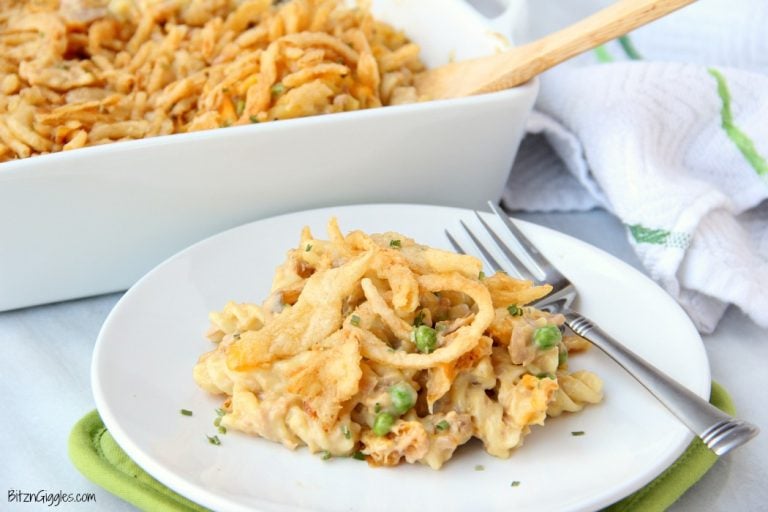 Tuna Noodle Casserole - Pasta and tuna in a creamy sauce topped with cheese and french fried onions! The perfect casserole for busy weeknights!