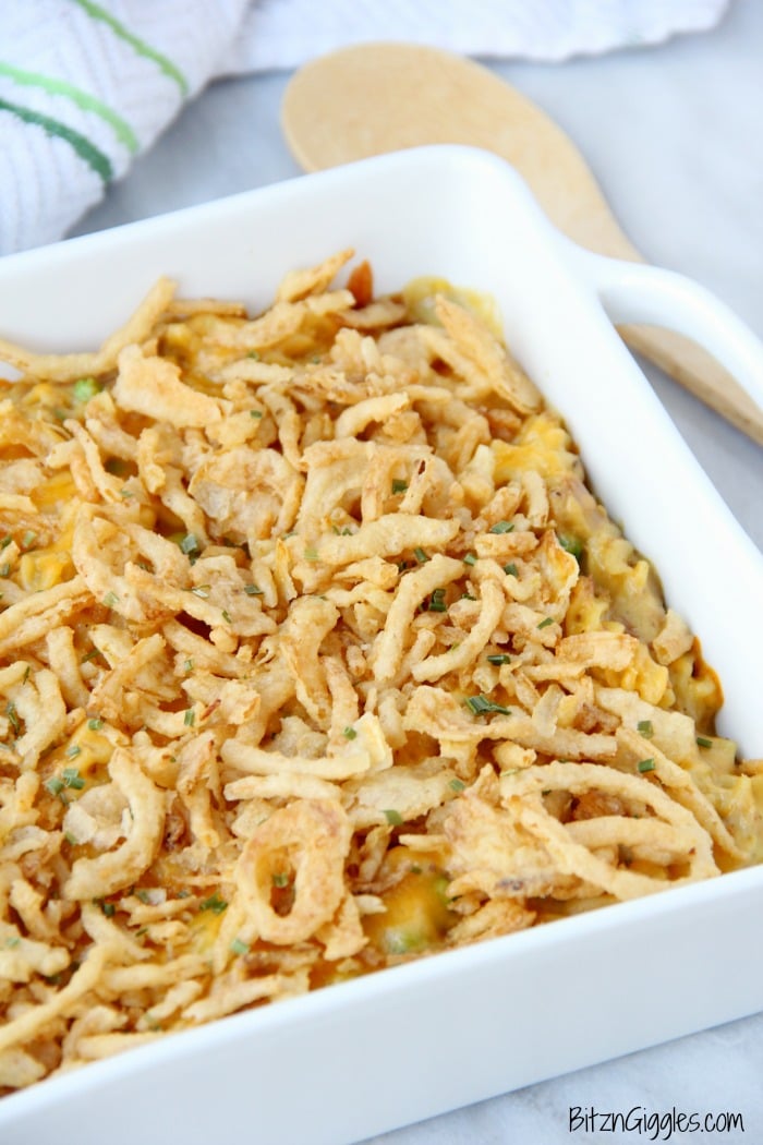 Tuna Noodle Casserole - Pasta and tuna in a creamy sauce topped with cheese and french fried onions! The perfect casserole for busy weeknights!