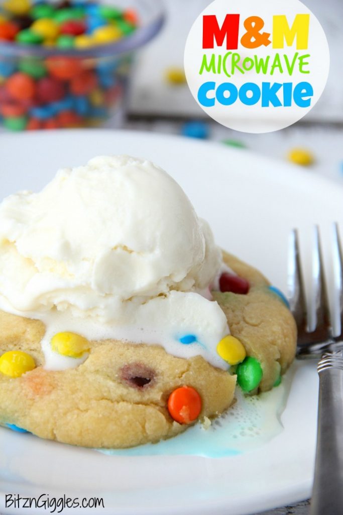 M&M Microwave Cookie - A soft, warm and delicious cookie you can make right in the microwave in less than 2 minutes!! Perfectly portioned for one or two!