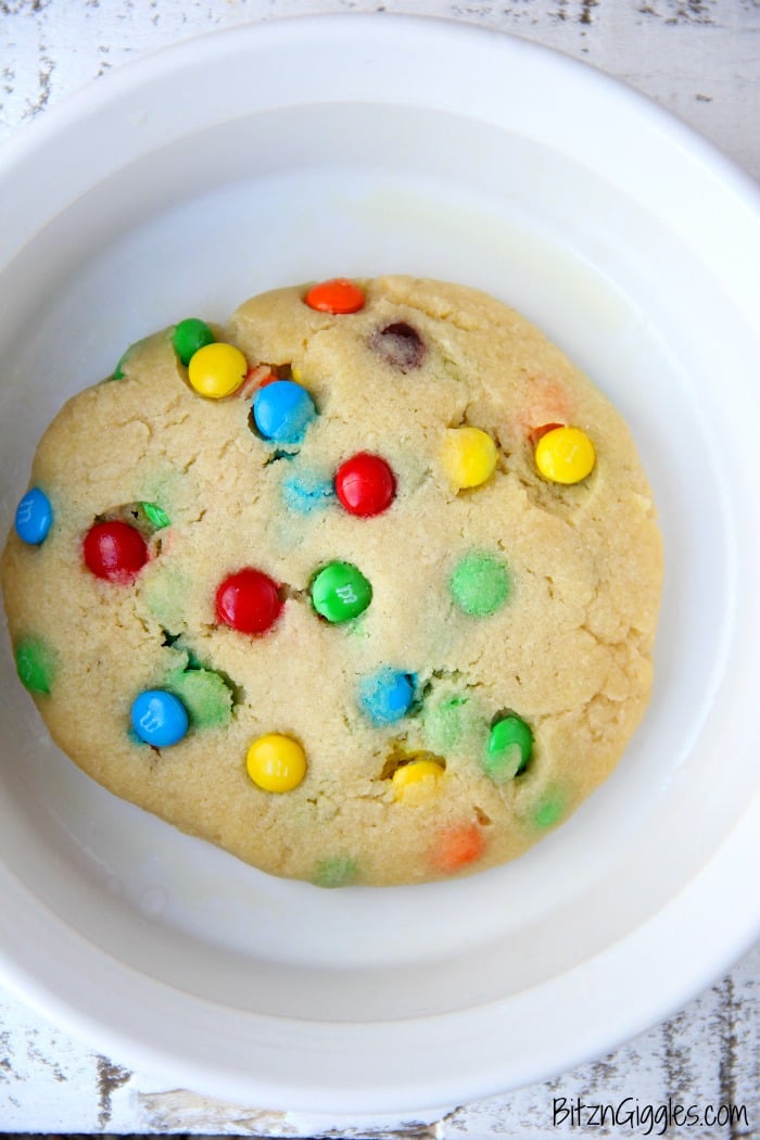 M&M Microwave Cookie - A soft, warm and delicious cookie you can make right in the microwave in less than 2 minutes!! Perfectly portioned for one or two!