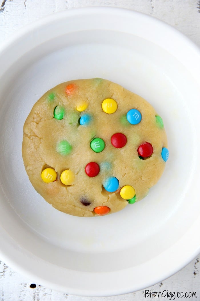 M&M Microwave Cookie - A soft, warm and delicious cookie you can make right in the microwave in less than 2 minutes!! Perfectly portioned for one or two!