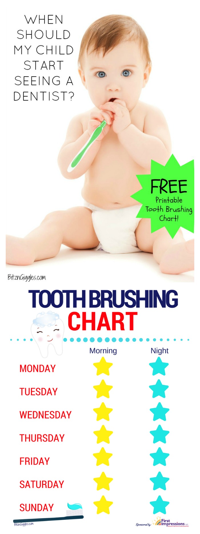 When Should My Child Start Seeing a Dentist? - Tips on caring for your child's teeth and a free printable tooth brushing chart to make brushing fun and part of their daily routine!