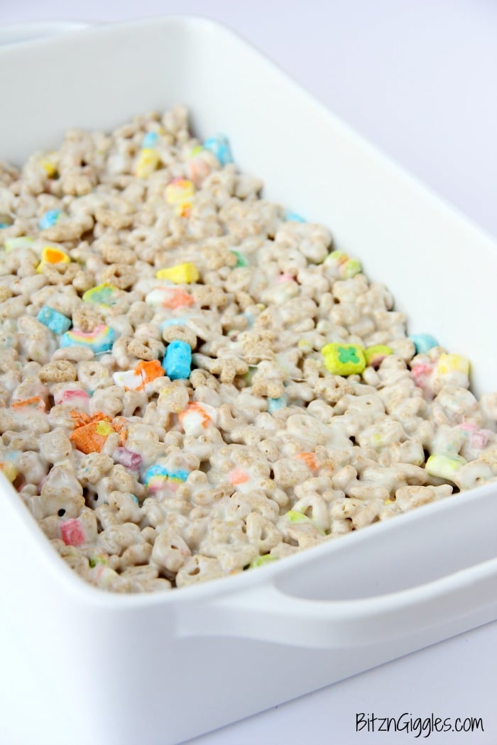 Microwave Lucky Charms Treats - Ooey, gooey, marshmallowy treats made with Lucky Charms then topped with a candy melt swirl!