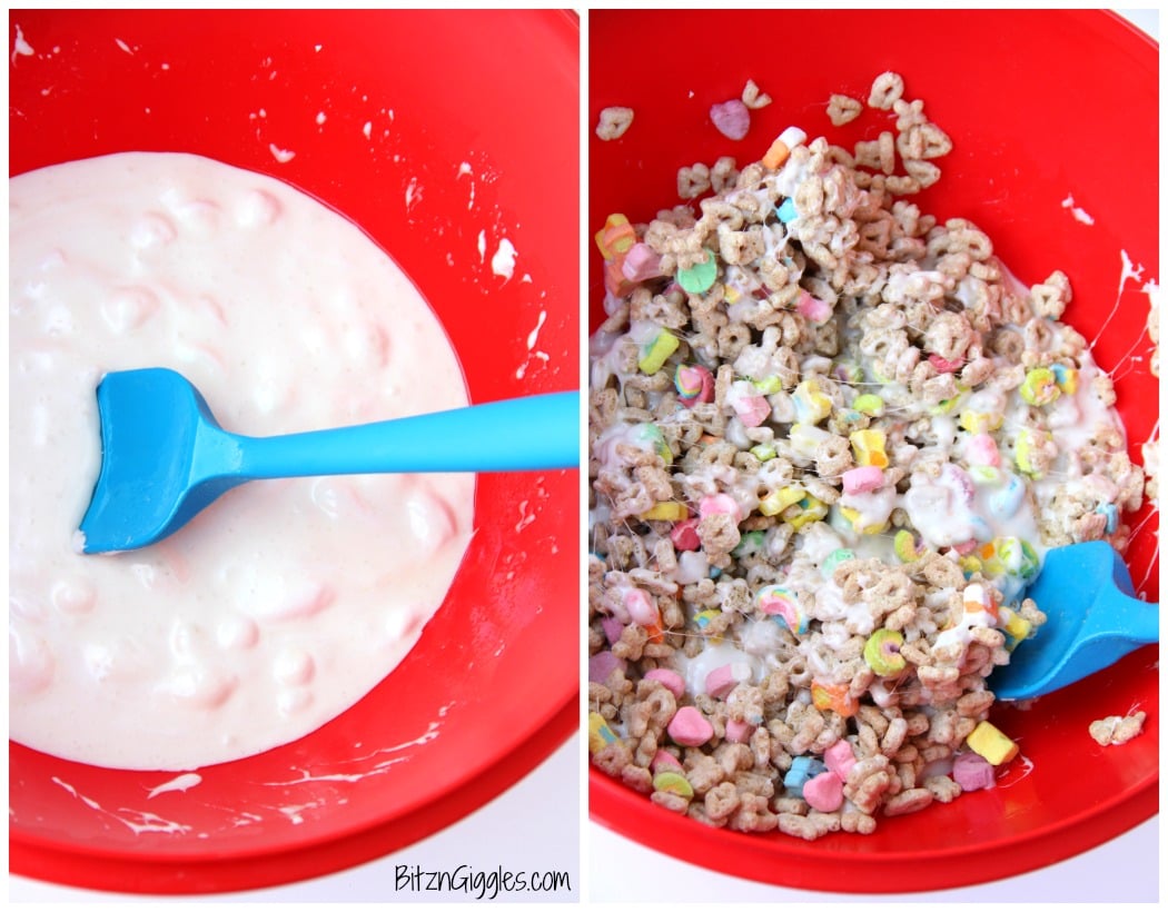 Microwave Lucky Charms Treats - Ooey, gooey, marshmallowy treats made with Lucky Charms then topped with a candy melt swirl!