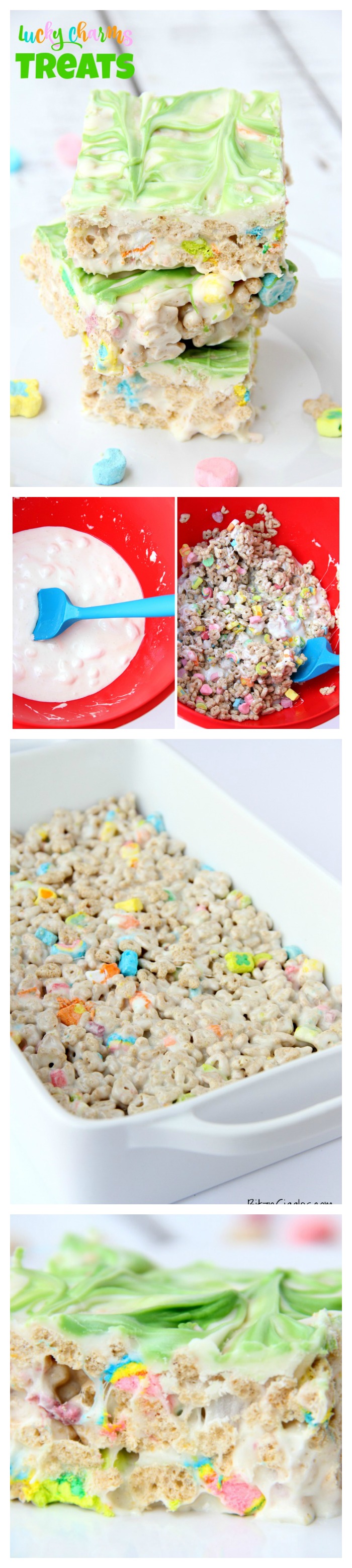 Microwave Lucky Charms Treats - Ooey, gooey, marshmallowy treats made with Lucky Charms then topped with a candy melt swirl!