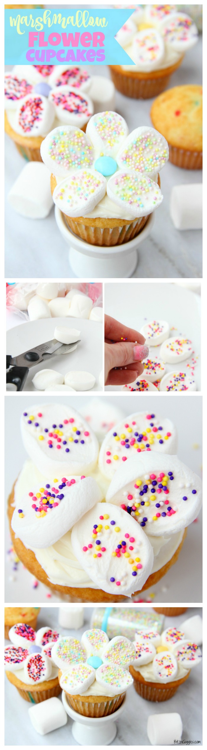 Marshmallow Flower Cupcakes - Funfetti cupcakes with sprinkled marshmallow flowers perfect for spring!