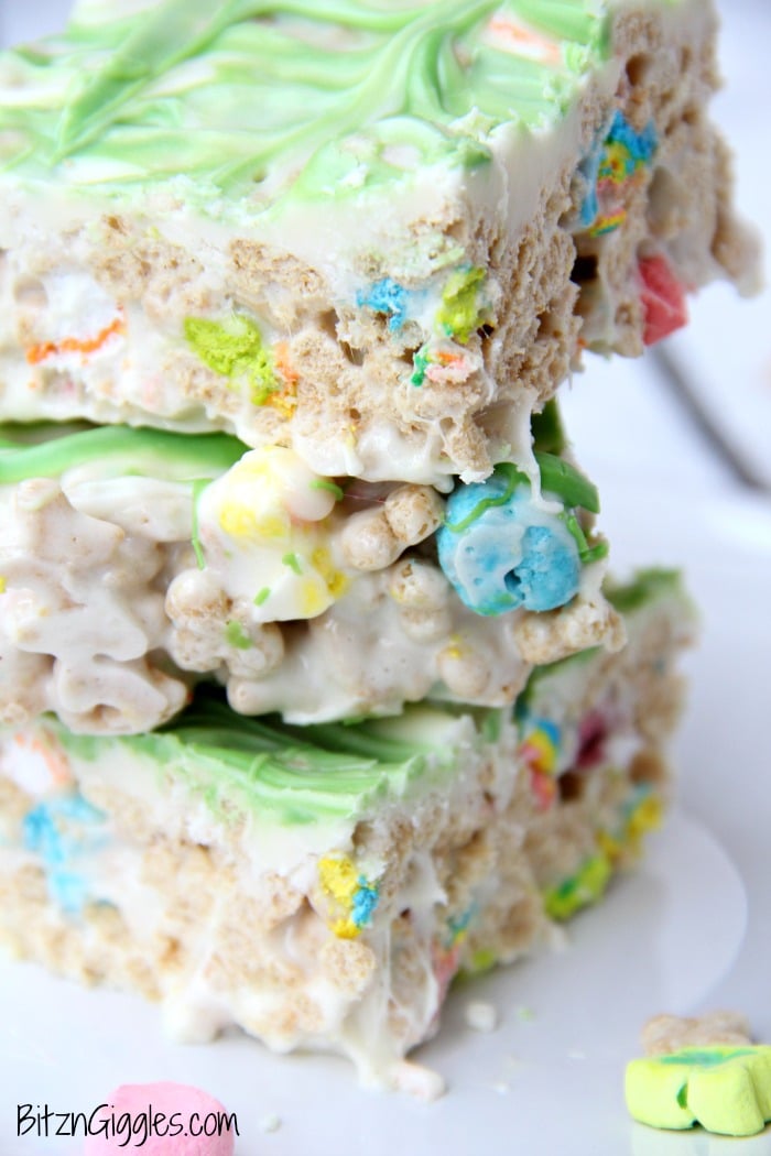 Microwave Lucky Charms Treats - Ooey, gooey, marshmallowy treats made with Lucky Charms then topped with a candy melt swirl!