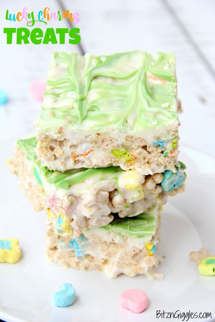 Microwave Lucky Charms Treats - Ooey, gooey, marshmallowy treats made with Lucky Charms then topped with a candy melt swirl!