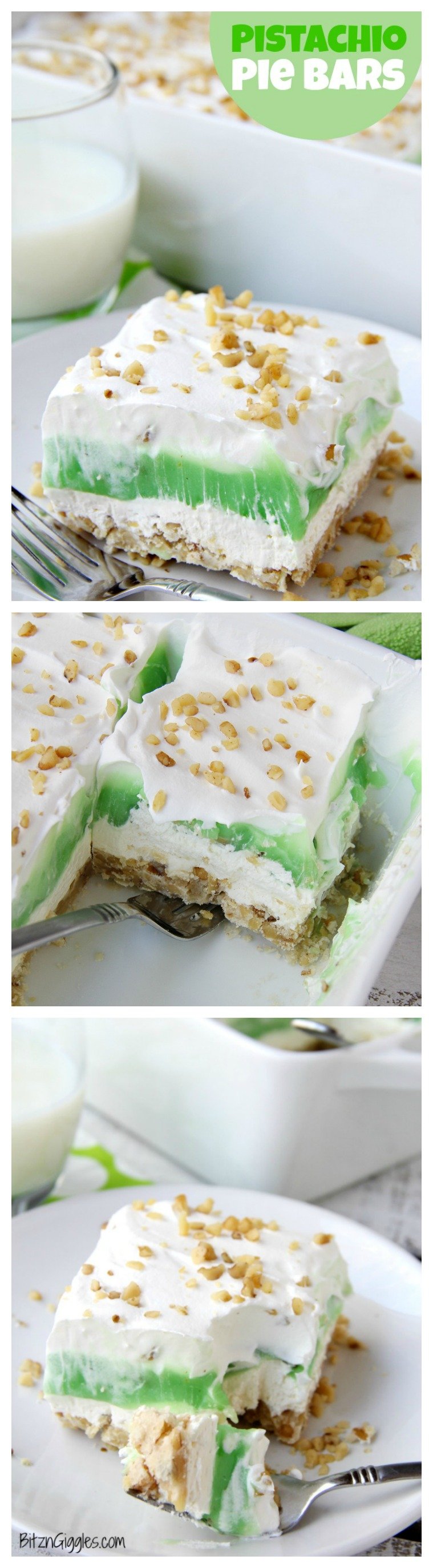 Pistachio Pie Bars - Creamy, four-layer bars with a pie-like crust topped with cheesecake and pistachio deliciousness!